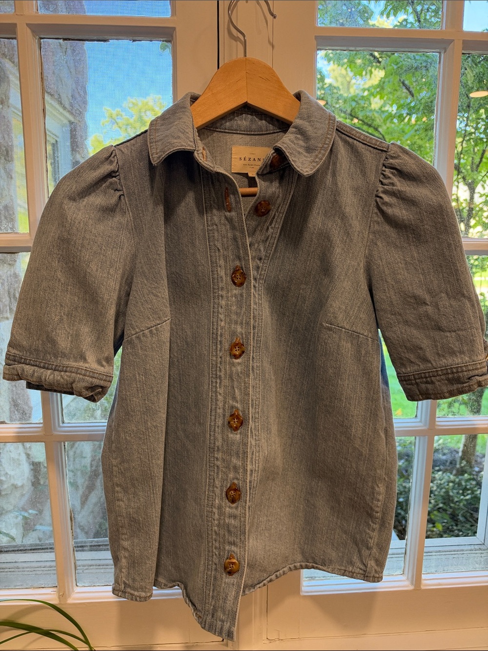 Sezane Light Blue Denim Puff-Sleeve Button Down Shirt